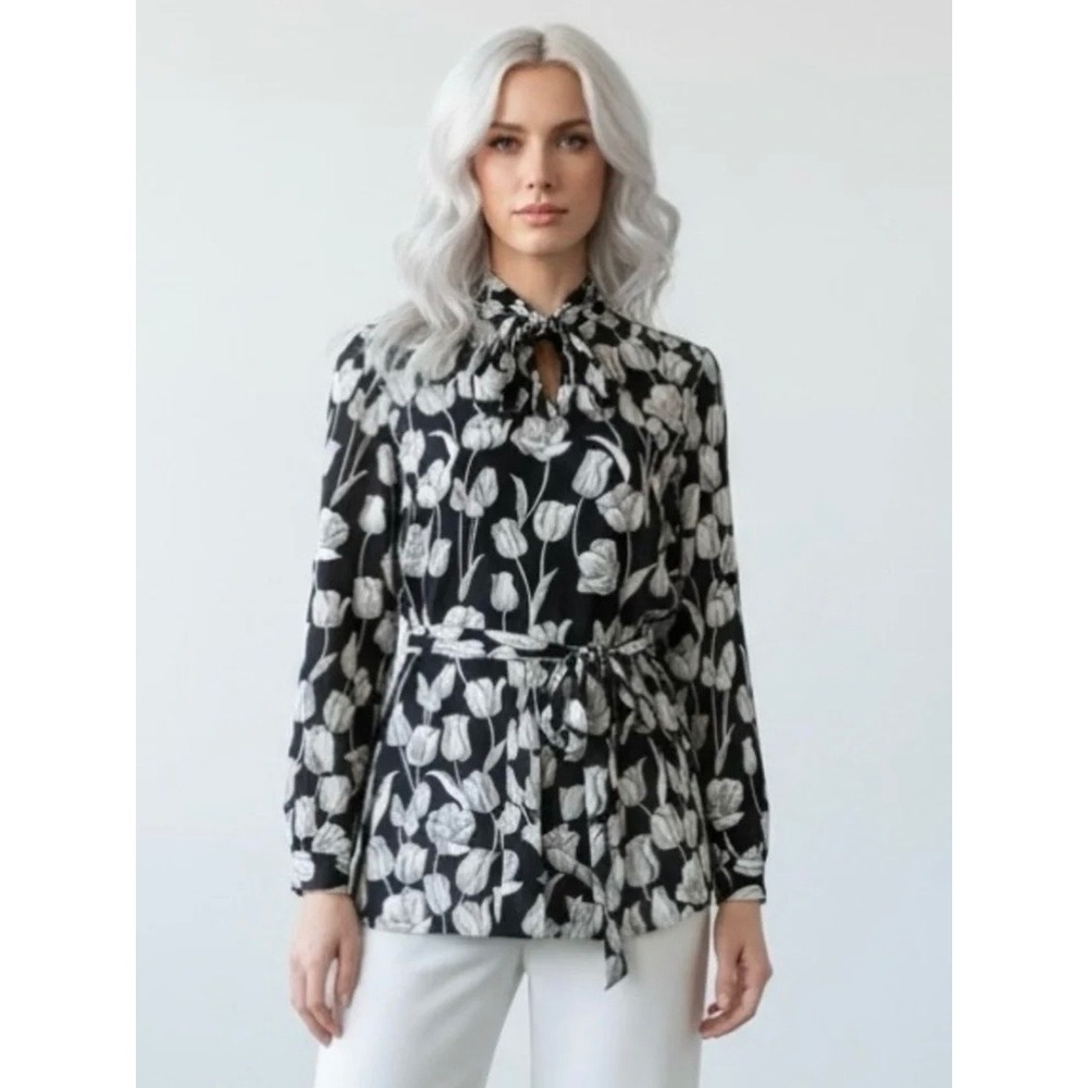 Alex Colman Sportswear Vintage Tulip Floral Hooded Tunic Blouse Black White